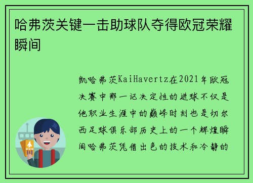 哈弗茨关键一击助球队夺得欧冠荣耀瞬间 哈弗茨关键一击助球队夺得欧冠荣耀瞬间